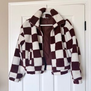 Double Zero White & Brown Checkered Sherpa Fleece Jacket — Size Small — NWOT